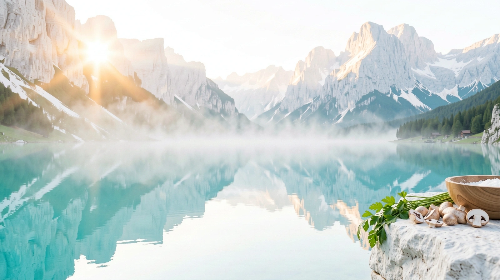 Morgendliche Schweizer Alpenlandschaft im Nebel