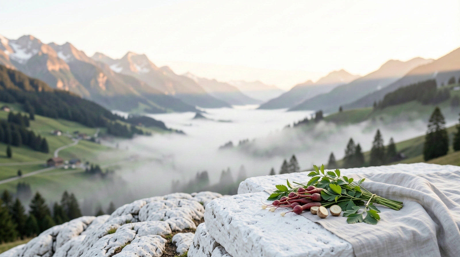 Schweizer Alpental im Morgennebel